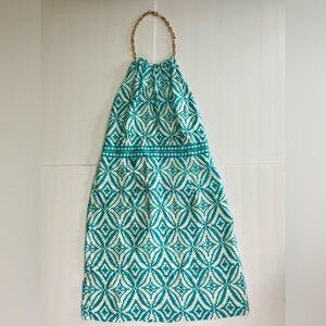 Milly Of New York 100% Silk Dress Backless Chain Halter Sz 10 In Teal Cream NWT